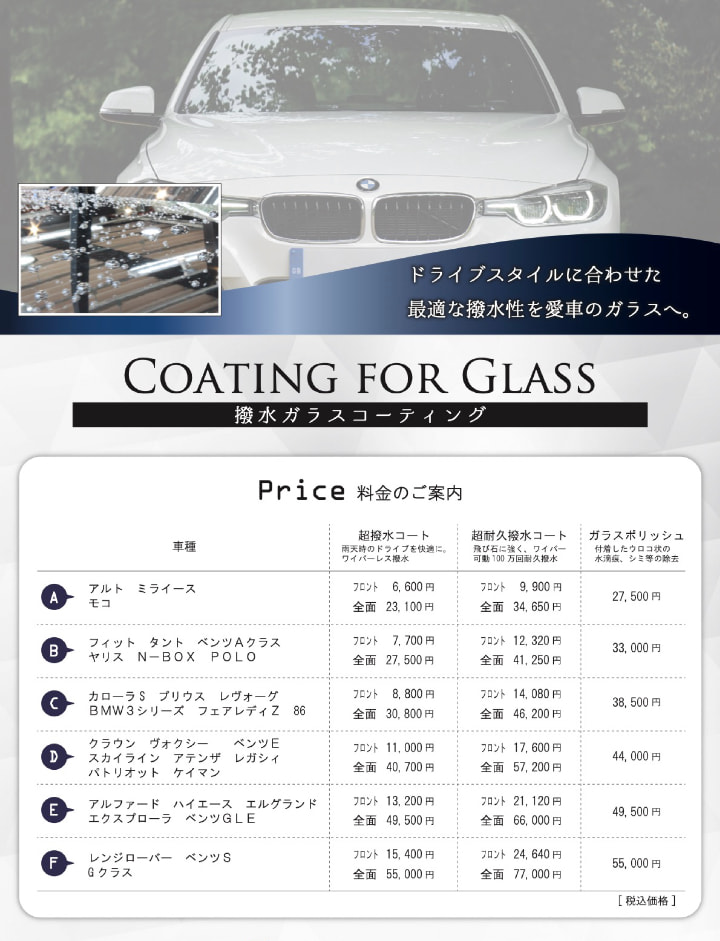 ガラスコーティングの詳細と料金表